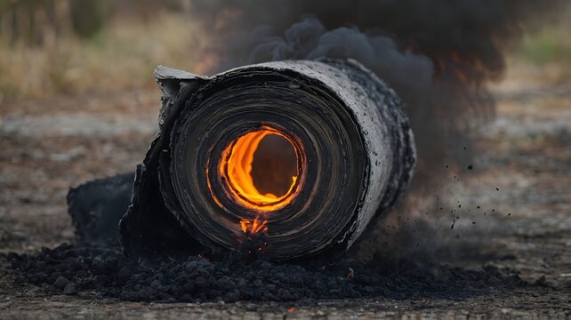 Burning roll of roofing material emitting dark smoke and orange flames