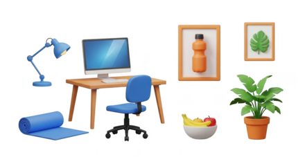 A 3d rendered home office setup with a desk chair computer and plant isolated on transparent background
