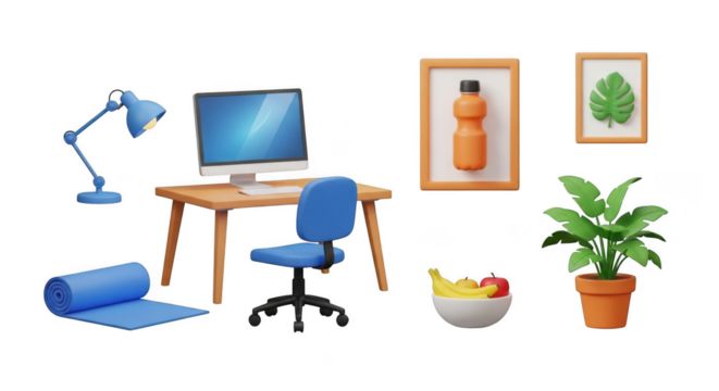 A 3d rendered home office setup with a desk chair computer and plant isolated on transparent background - Powered by Adobe