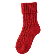Red knitted wool sock isolated on transparent background, cozy winter clothing