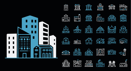 City Buildings & Architecture Icons Set: Vector collection of modern skyscrapers, commercial properties, residential homes, government buildings, and urban structures in a minimal line art style.