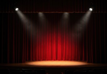 Grand theater stage illuminated by dramatic spotlights and rich red velvet curtains creating a theatrical mood ,curtain ,entertainment ,hall