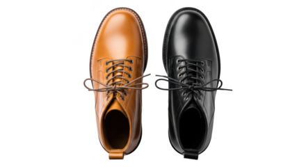 Pair of elegant leather oxford shoes one tan and one black isolated on transparent background