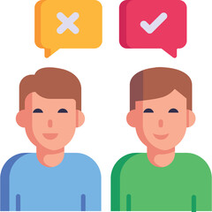 Two men one with a yellow speech bubble containing a white cross symbol and the other with a red speech bubble containing a purple check mark symbol on a transparent background illustration
