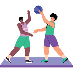 Two men playing basketball with a blue ball in a gym on a purple mat with a white background and a transparent background effect
