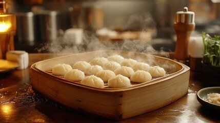 Steaming dumplings in a bamboo steamer (1)
