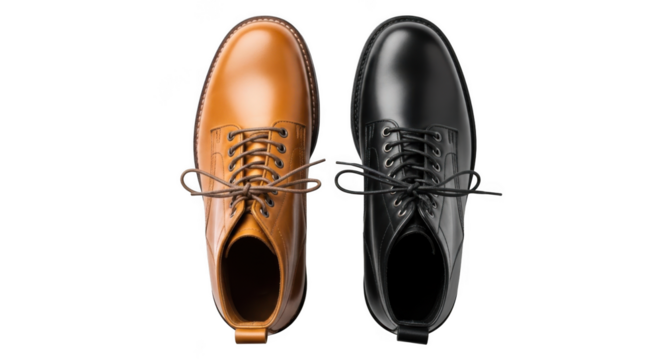 Pair of elegant leather oxford shoes one tan and one black isolated on transparent background