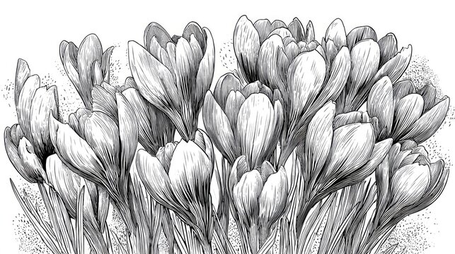 Delicate crocus flowers bloom in a detailed black and white illustration.