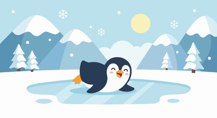 Naklejka premium Penguin Sliding on the Ice Flat vector penguin sliding happily on icy snow with mountains 