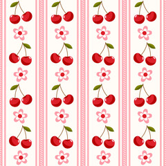 Seamless vertical cherry and flower stripe pattern, vector illustration
