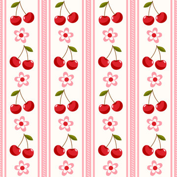 Seamless vertical cherry and flower stripe pattern, vector illustration