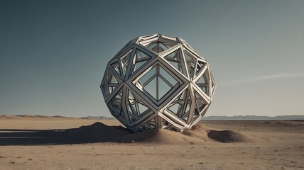 Futuristic geometric sphere structure in a vast desert landscape