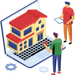 Two Men Looking At A Laptop Displaying A Red And Yellow House With Transparent Background And Gears On A White Surface