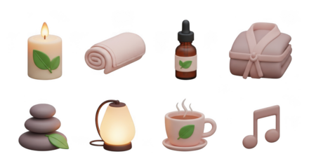 Collection of spa and relaxation items including candle towel oil robe stones lamp tea and music note isolated on transparent background