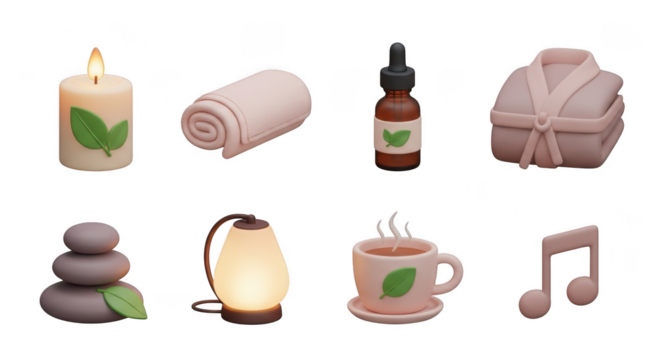 Collection of spa and relaxation items including candle towel oil robe stones lamp tea and music note isolated on transparent background