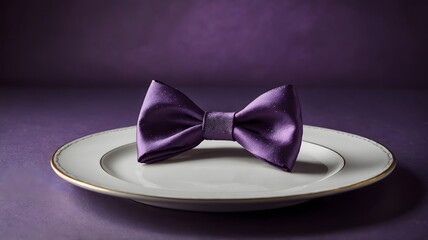 Purple glitter bow tie on an elegant white plate against a purple background