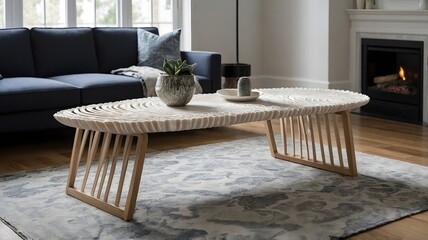 Modern living room interior with unique wooden coffee table and blue sofa