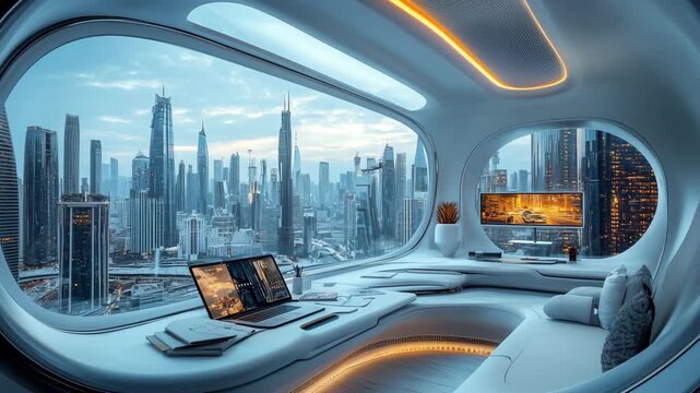 Futuristic minimal interior with panoramic window overlooking modern skyscraper skyline, symbolizing innovation, architecture, luxury lifestyle, and the integration of technology and comfort.