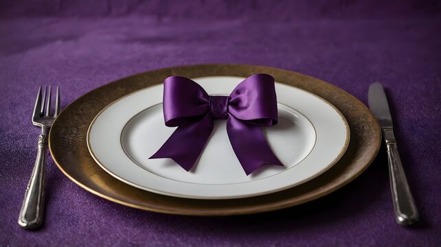 Elegant table setting with a purple bow on a plate for a special occasion