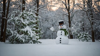 A cheerful snowman stands in a beautiful snowy winter forest