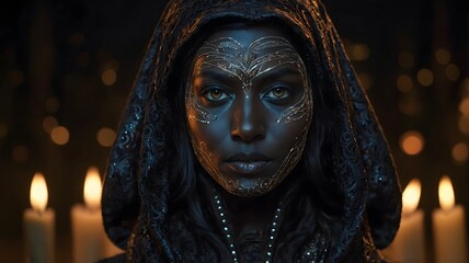 Enigmatic woman with glowing face paint and hooded cloak in candlelight