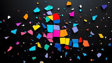 Colorful geometric fragments exploding on a dark background