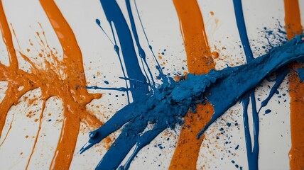 Blue and orange paint splatters and lines, isolated on white