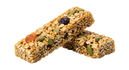 Two healthy granola bars with seeds and dried fruit isolated on white background