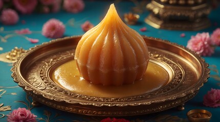 Delicious indian modak sweet on a golden plate, a traditional festive treat