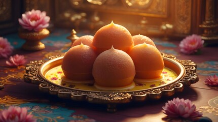 Traditional indian sweets on a decorative plate with festive lighting and flowers