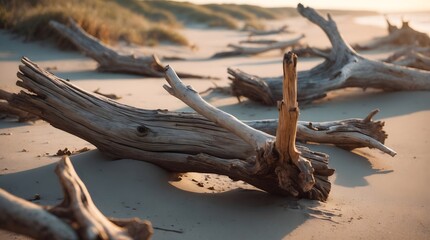 Natural weathered driftwood logs scattered on a serene sandy beach