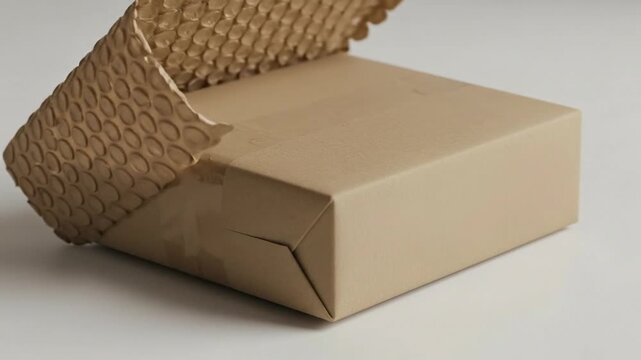 Wrapped package with textured wrapping paper and brown paper packaging