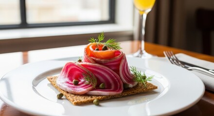 Elegant appetizer of beetroot carpaccio with horseradish cream, dill, capers, and rye crispbread served on a white plate in a restaurant