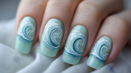 Closeup of a hand with beautiful ocean wave nail art design