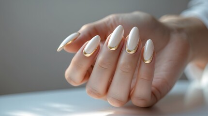 Elegant hand with almondshaped nails featuring a chic gold design