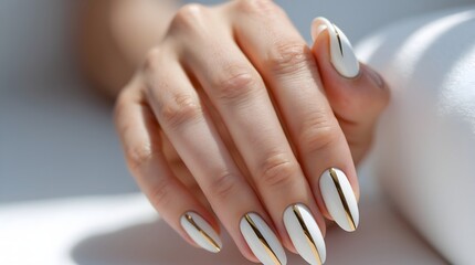 Closeup of a womans hand with elegant white and gold striped manicure