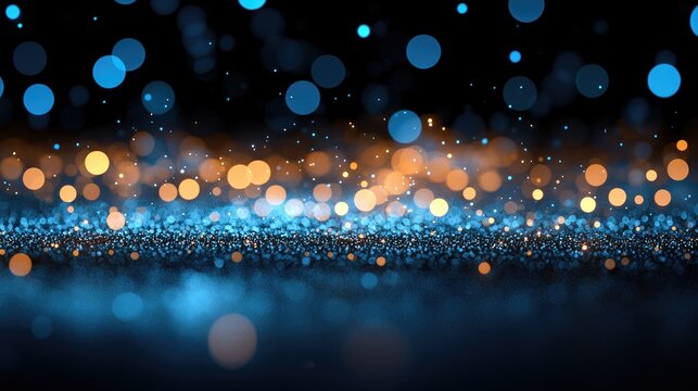 An abstract background featuring a field of shimmering blue and orange bokeh lights and glowing particles against a dark backdrop, creating a magical and ethere - Powered by Adobe