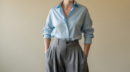 Woman in light blue shirt and grey pleated pants standing against a wall