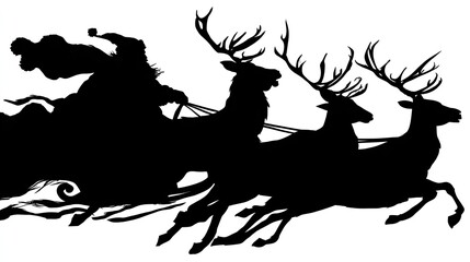 Silhouette of a figure in a hat driving a sleigh pulled by reindeer.