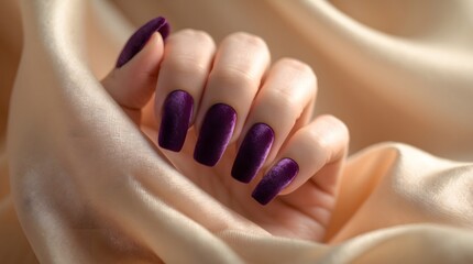 Elegant hand with long dark purple glitter nails on luxurious satin fabric