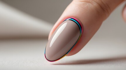 Closeup of a manicured finger with a stylish beige nail and colorful outline