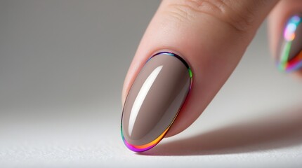 Closeup of a finger with a stylish brown nail and iridescent colorful outline
