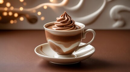 Delicious hot chocolate with whipped cream in a elegant cup and saucer