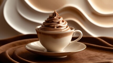 Delicious hot chocolate with whipped cream in an elegant cup on a brown background