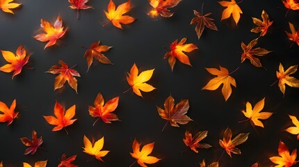 Autumn leaves scattered on a dark background, fall season concept