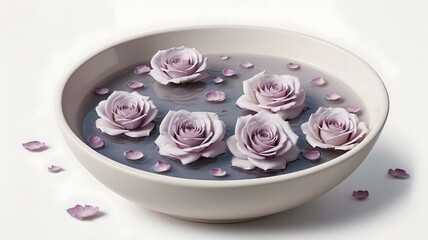 Beautiful purple roses floating in a ceramic bowl, isolated on white background