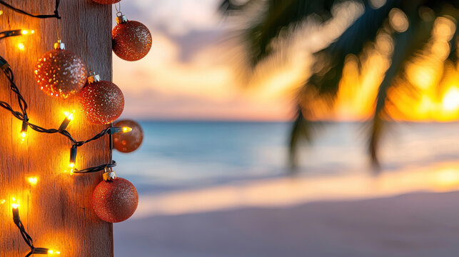 Christmas ornament sunset beach palm festive lights tropical holiday warm seaside resort exterior