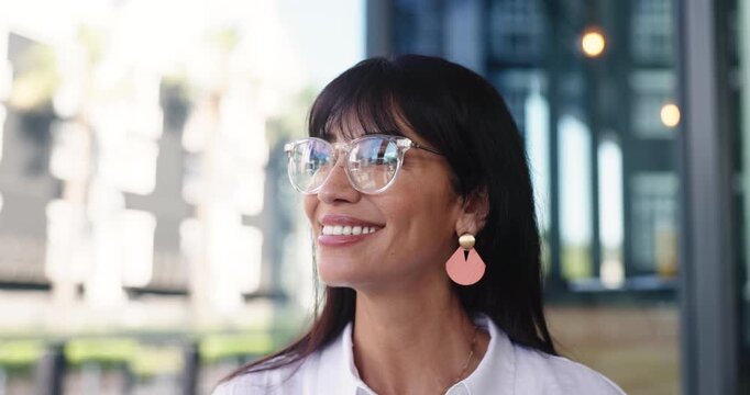 Business woman, tablet and thinking in cafe for remote work, notification and feedback. Freelance, copywriter and tech with smile for article, approval or creative review in coffee shop for proposal