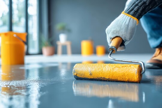 Skillful technique displayed while rolling paint onto a garage floor.