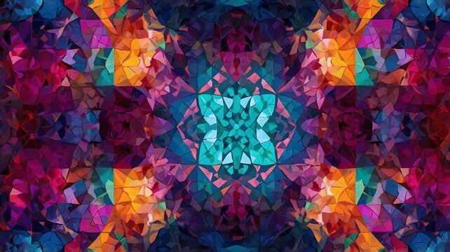 Kaleidoscopic arrangement of fractured shapes in vibrant hues forming a symmetrical design